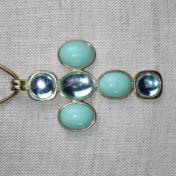 Aqua/Goldtone Cabochon Cross Enhancer Necklace - Picture 2 of 9
